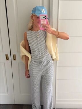 Bailey Rose Gray Striped Knit Matching Set Wide Leg Pants & Tank Size M